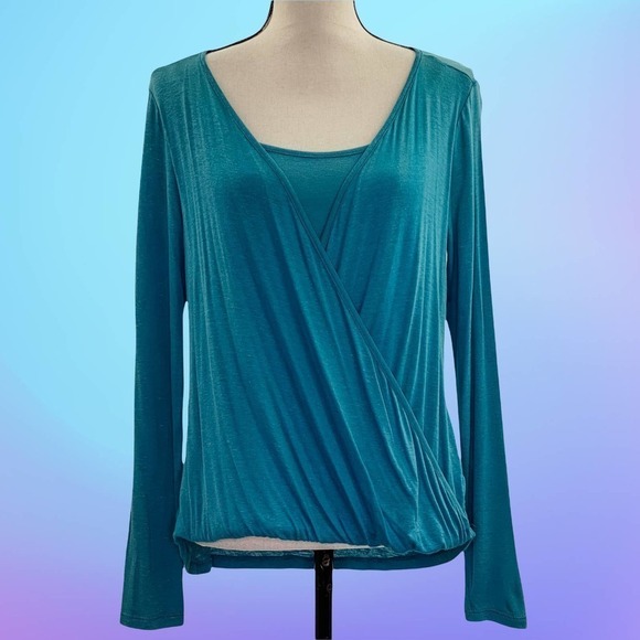 GILLIO Teal Blue Drapey Surplice Faux-Wrap Long Sleeve Blouse Small - Picture 11 of 12